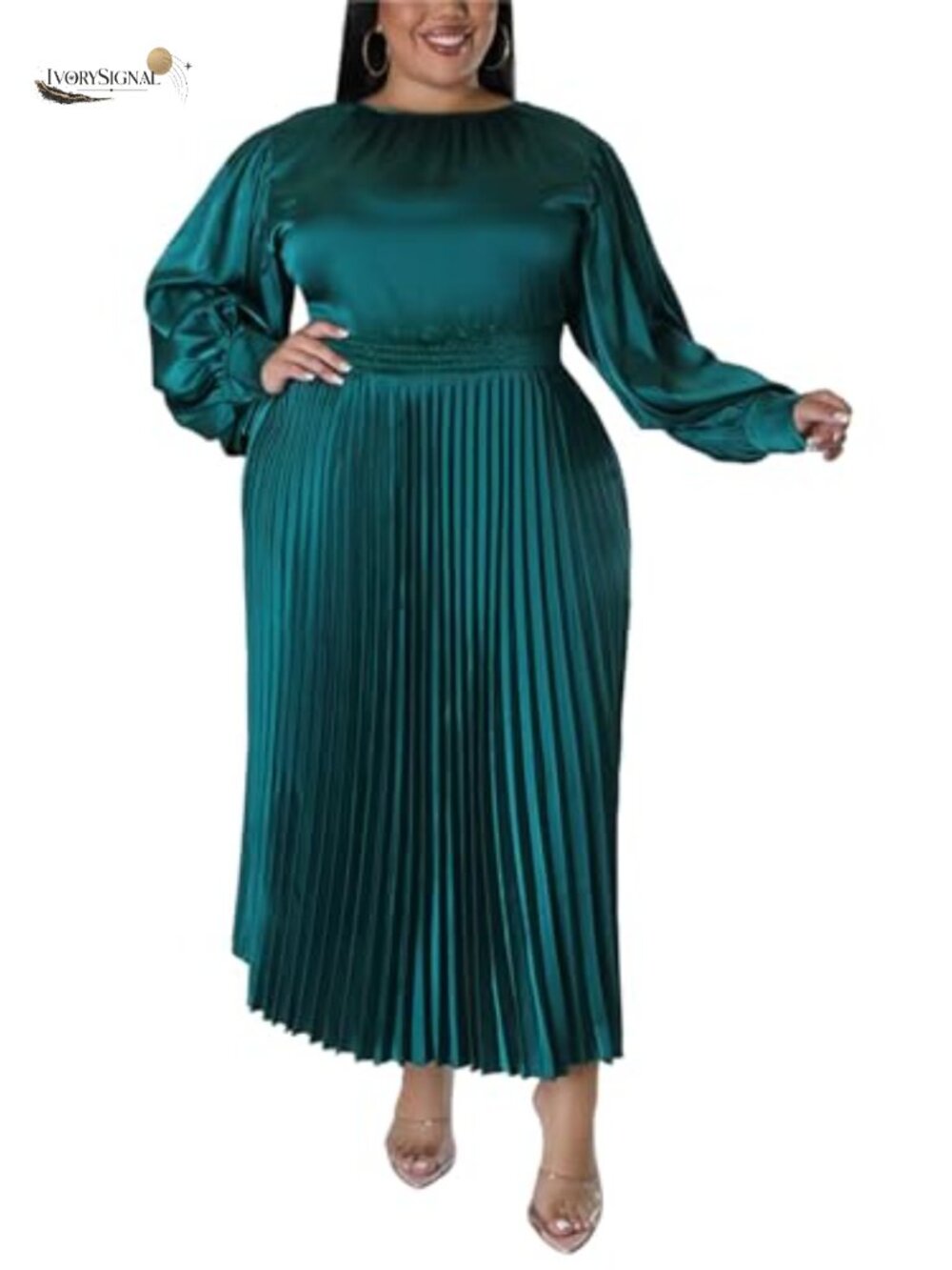 Plus Size Satin Pleated Maxi Dress Long Sleeve Flowy Swing Fall
